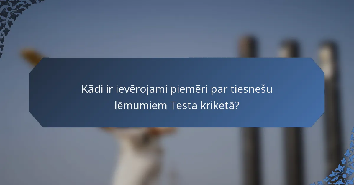 Kādi ir ievērojami piemēri par tiesnešu lēmumiem Testa kriketā?